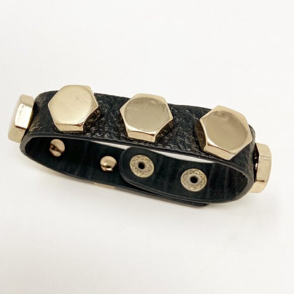 CARA NY | Gold Studded Black Leather Cuff - Picture 4 of 8